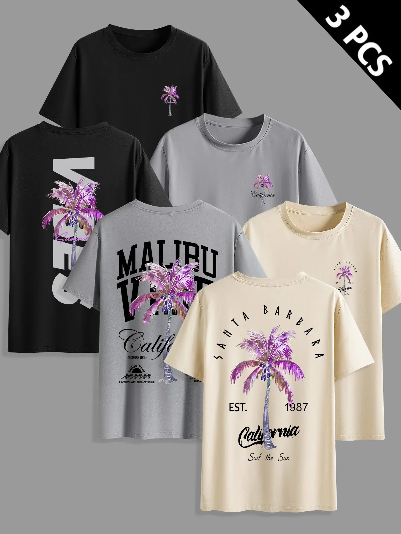 Men's Letter Coconut Tree Tropical Graphic Print Round Neck Short Sleeve T-Shirt, Casual Summer Tee, Casual Streetwear Comfortable Top, Daily Wear, 3 Pack