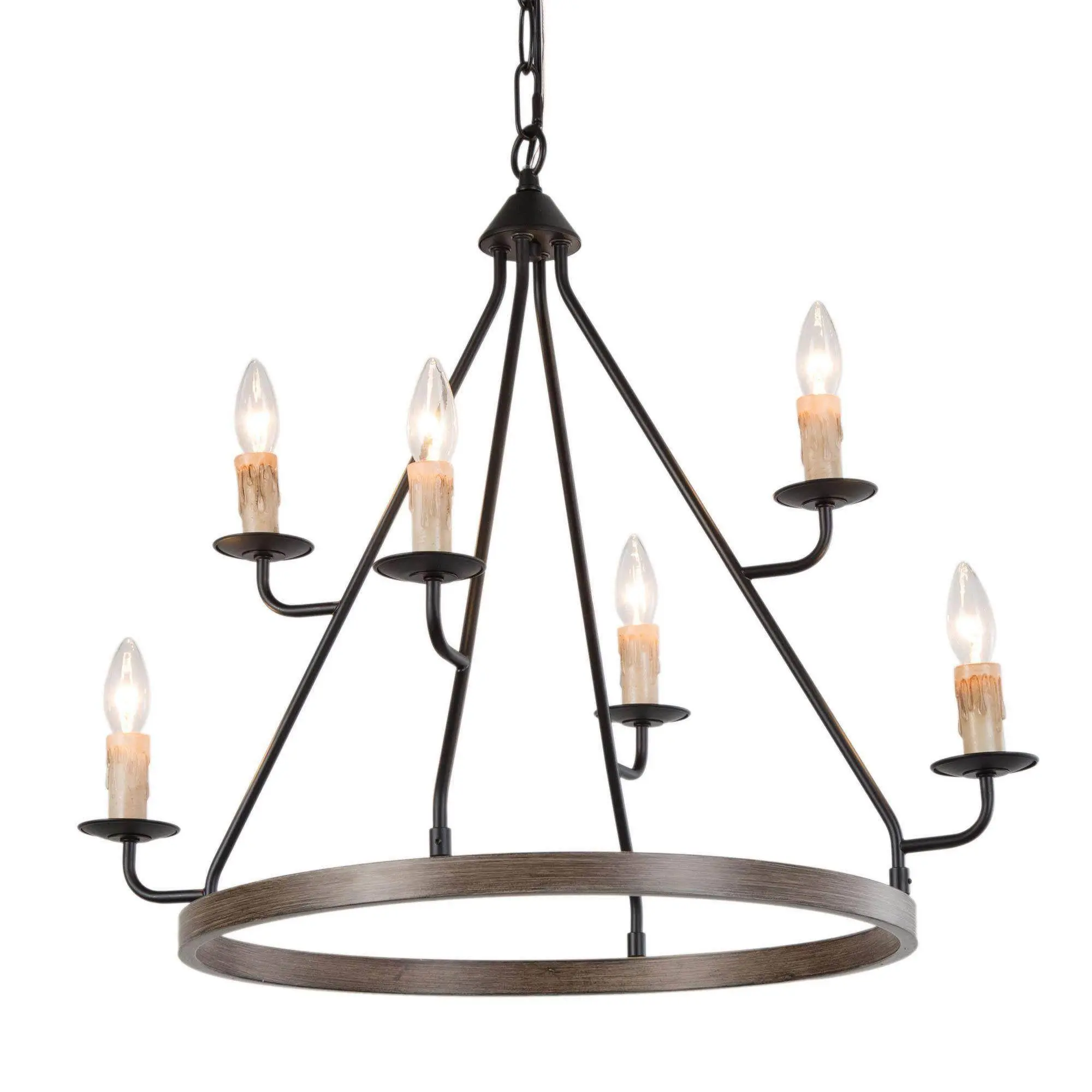 Ksana 6-Light Farmhouse Faux Wood Wagon Wheel Candlestick Chandelier