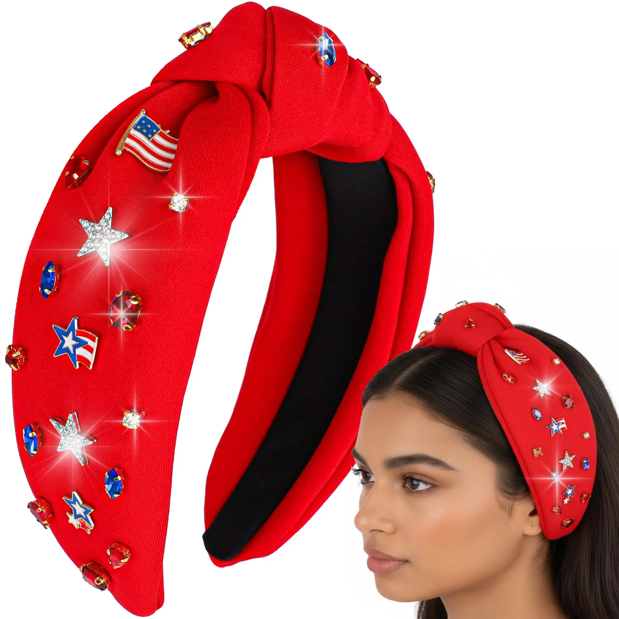 Women's Patriotic Sparkly Headband - Enamel, Crystal Embellishments, One Size Fits All - Ideal for Memorial Day, Fourth of July, Political Events