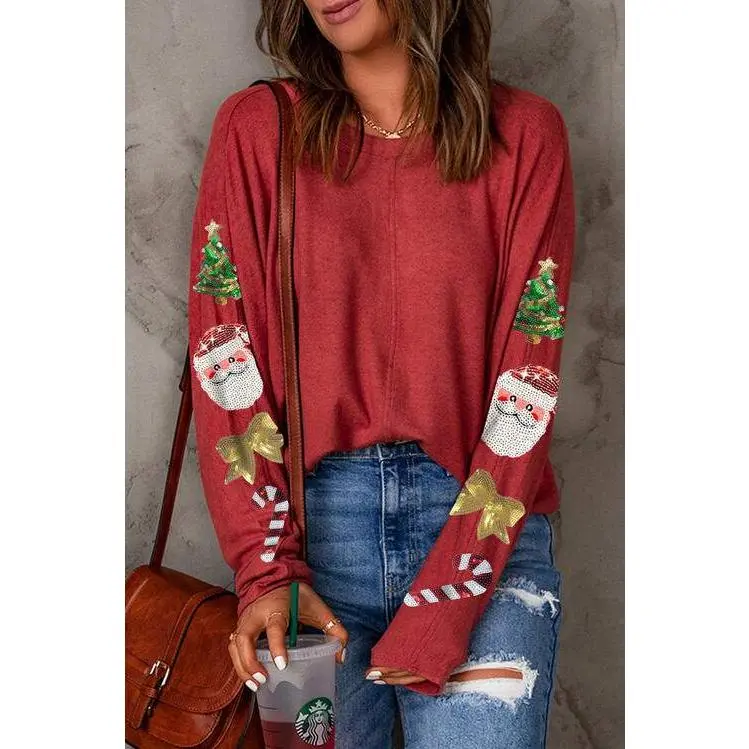 Santa Sequin Round Neck Long Sleeve Blouse