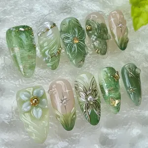 3D Spring Flower Almond-Shaped Nail Tips, Medium-Length Mint Gradient, Rhinestone DIY Kit, 30 Pieces for Women's Parties