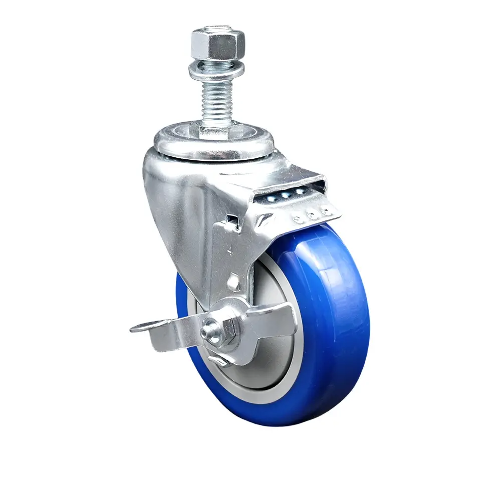 Service Caster Brand Durable Threaded Metal Castors - Top Locking Brake, 4x1.25in Non-Marring Blue Polyurethane Wheel, 12mm Stem, 350lbs Capacity, for Material Handling (SCC-SSTS20S414-PPUB-BLUE-TLB-M1215)