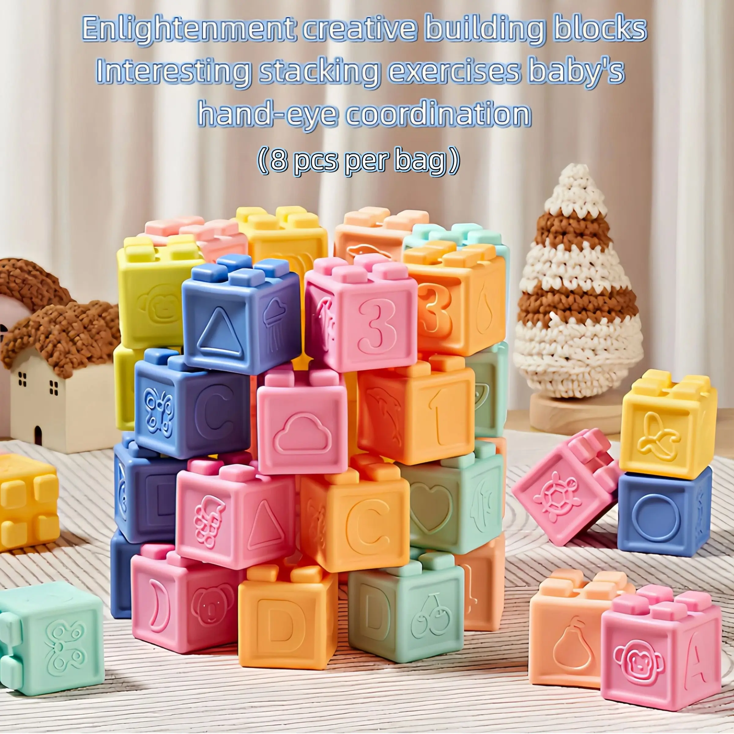 Baby Blocks Stacking for Babies Silicone Soft Building Blocks Teethers Montessori Toys for Babies Education Toys for Toddler Baby building blocks for toddlers 1-3 moonkie