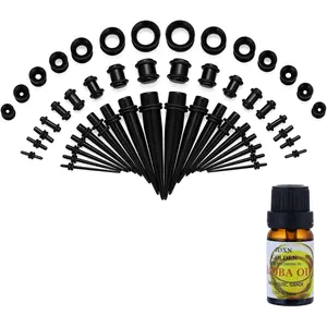 JDXN 50 Pieces Acrylic Ear Stretching Kit + Aftercare Jojoba Oil Tapers Plugs Silicone Tunnels Gauges Expander 14G-00G Jewelry 50 Pieces Set Body Piercing Jewelry