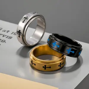 New titanium and steel ring - men's fashionable cross ring with rotatable anti-anxiety band - stainless steel accessory Hypoallergenic Gold Plated Non Tarnish Jewelry