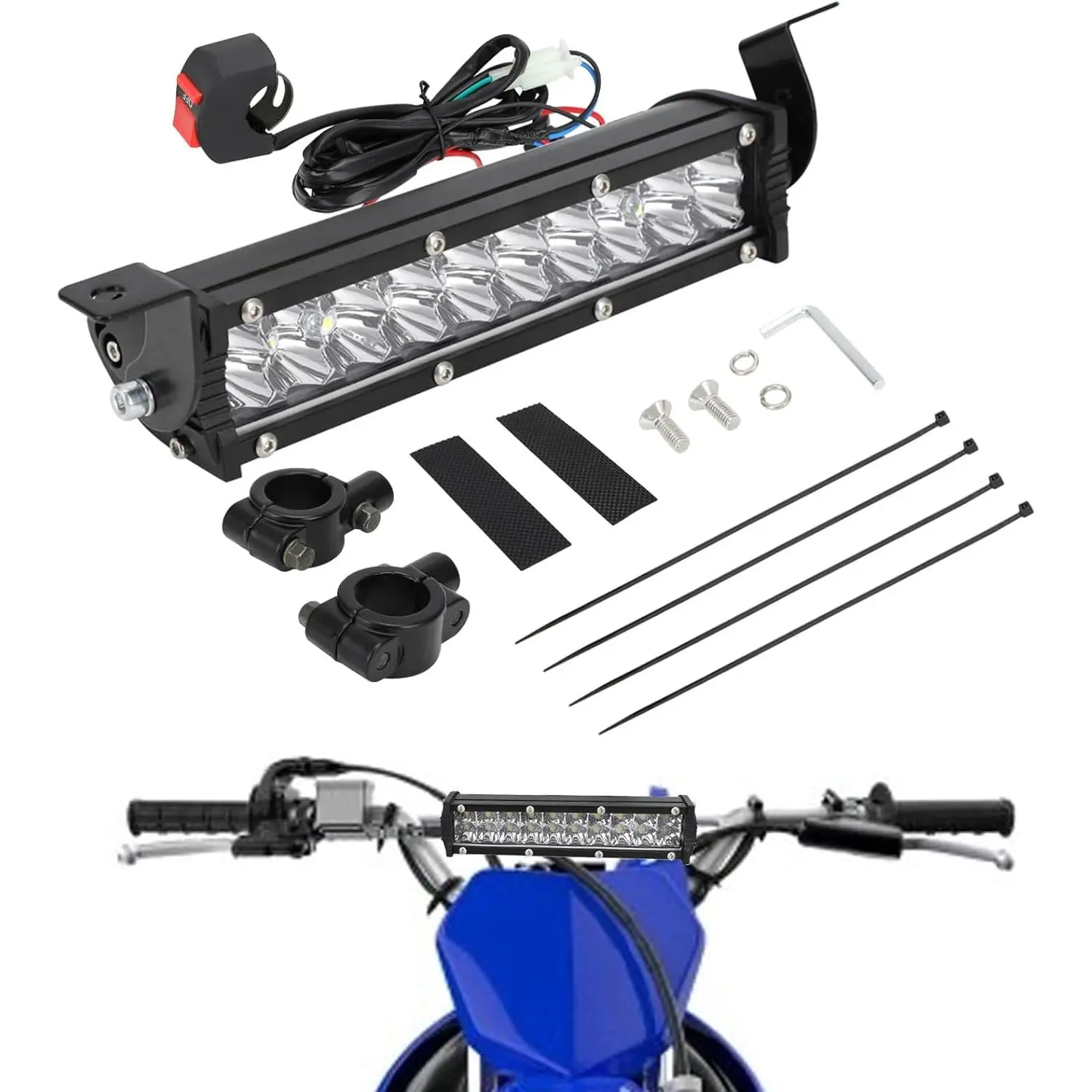 Motorcycle LED Light Bar Kit, 60W 2500 Lumens Plug-and-Play LED Work Light, 7/8in Handlebar Mount for CRF XR RM KX KLX TTR PW SSR Apollo TAO SDG Off-Road Motorcycles, Off Road Lights