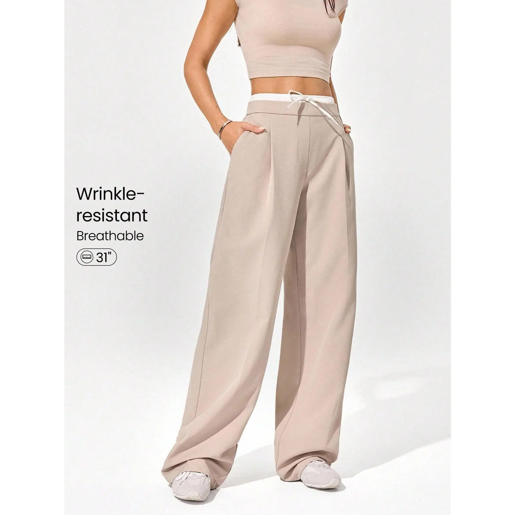 GLOWMODE Wrinkle-Resistant Breathable Wide Leg Double-Layer Waist Adjustable Drawstring Waist Pressed Crease Work Pants Trousers With Side Zipper Closure Pockets Daily Casual Work Office Wear