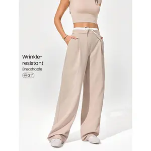 GLOWMODE Wrinkle-Resistant Breathable Wide Leg Double-Layer Waist Adjustable Drawstring Waist Pressed Crease Work Pants Trousers With Side Zipper Closure Pockets Daily Casual Work Office Wear