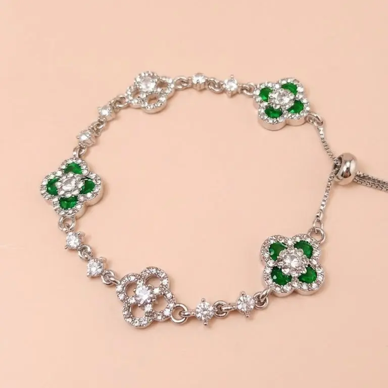 Women's Silver-Tone Hollow Quatrefoil Bracelet - Zinc Alloy, Emerald Green Crystal Pavé, Custom Adjustable Bolo Closure (5.1-9.8 Inches), Premium Costume Jewelry Anniversary Gift for Her