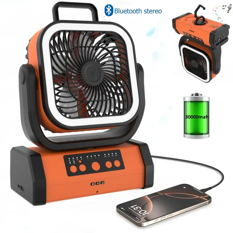 Battery Powered Fan Portable Rechargeable with Bluetooth Stereo,270°Pivot Battery Operated Fans Camping with LED Light & Hook,USB Personal Outdoor Cam