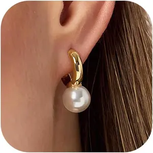 Dainty Freshwater Pearl Earrings - Trendy 14k Gold Plated/Silver Bridal Small Hoop Drop Dangle Earring for Women Wedding Jewelry