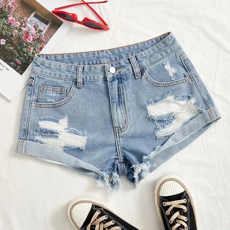 Women's Casual Denim Shorts, Jeans Shorts with Hole Design, Rolled Hem for Longer Legs, Light Blue Washed Vintage Look, Soft Fabric, Breathable Summer Style, Comfy Summer Shorts, Fitted Womenswear