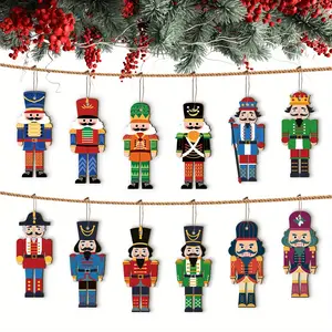 12 Pc Christmas Nutcracker Wooden Hanging Ornaments 12 Unique yet Cohesive Designs, Vibrant Colored & Exquisitely Patterned Wood Like Hanging Decorations, Suitable for Christmas Trees, Wall Decor and Gift Tag Accessories