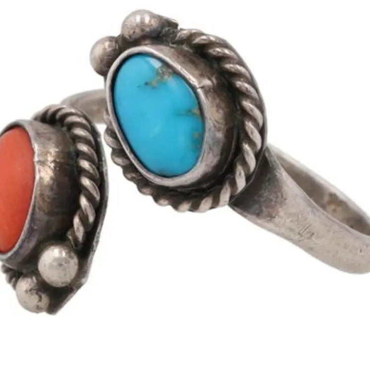 Navajo Sterling Wrapped Ring with Turquoise & Coral Center Stones, Vintage Design, Size 7, 4g, Signed J