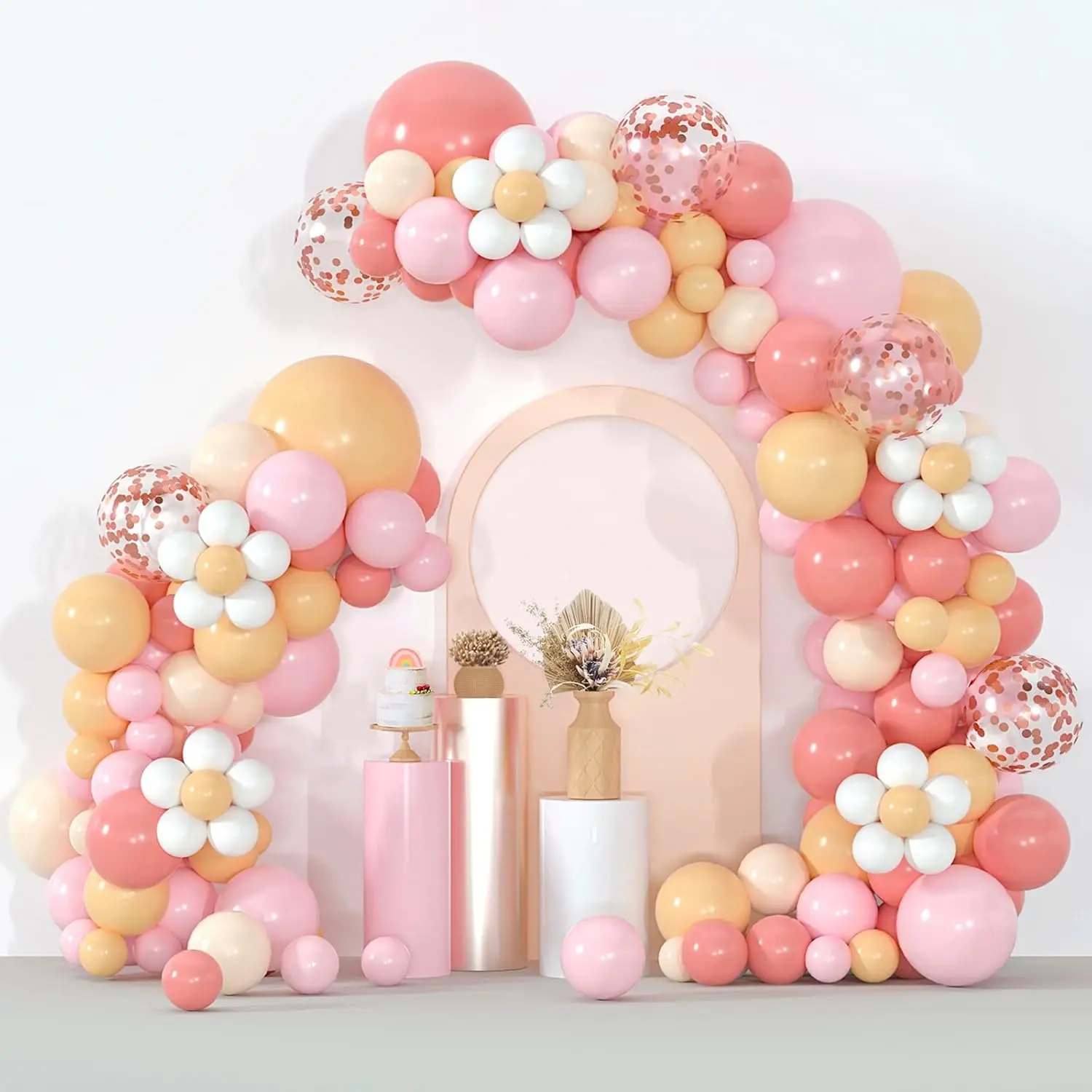 Boho Daisy Balloon Garland Retro Dusty Pink Blush Nude Light Pink Pastel Orange White Balloons Rose Gold Confetti Balloon Arch Kit For Baby Shower Wedding Birthday Party Decorations