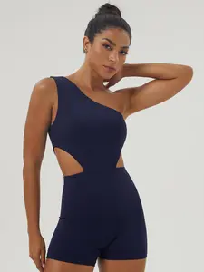 Sporty Women's Plain Cut Out One Shoulder Sports Romper, Sleeveless Leotard, Sport Sleeveless Bodycon Romper for Yoga Gym Workout, Ladies Sportswear for All Seasons