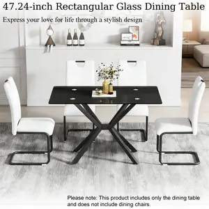 47.24" Modern Rectangular Glass Dining Table, Tempered Glass Top with Industrial Black Metal Legs, Space-Saving Kitchen Table for Dining Room furniture
