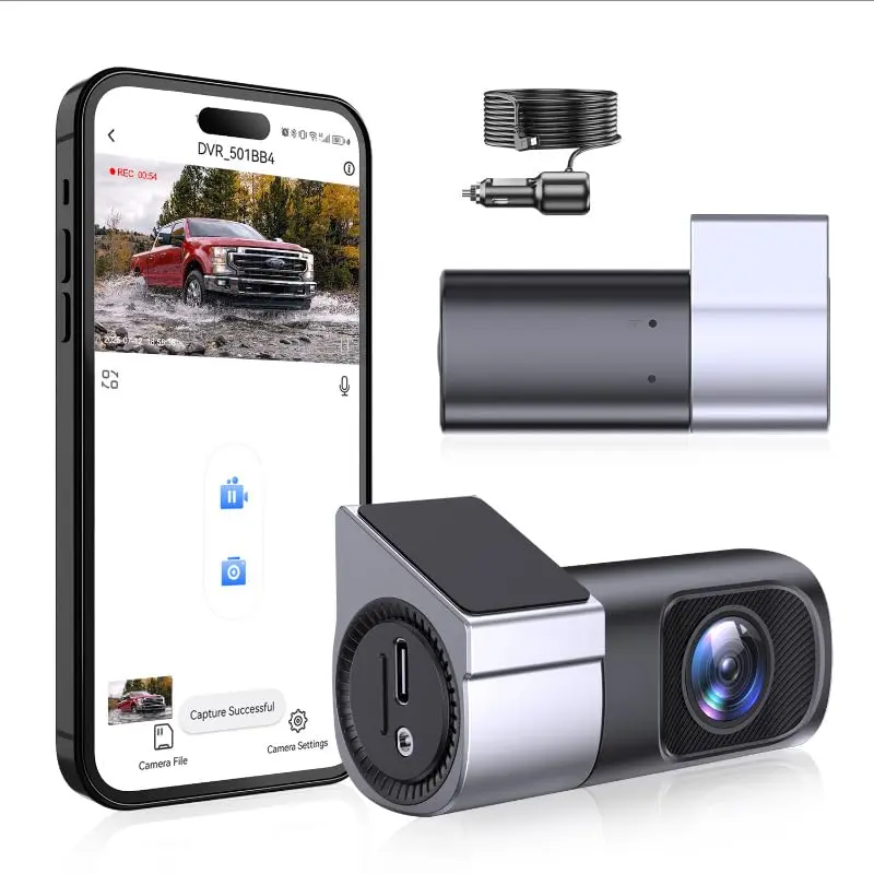 360° Rotating Car Dash Cam with Built-in WiFi, 1080P FHD, Night Vision, 24H Parking Mode, G-Sensor, Loop Rec, Easy Install, Type-C Port - Silver Mini Dashcam for Driving Safety