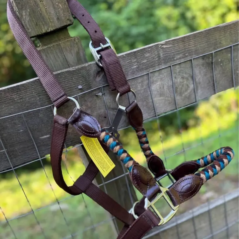 Horse Size Brown Nylon Halter Teal and Brown MOHAIR Noseband and Cheeks