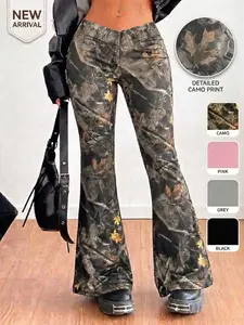 Elegant Y2K Camo Flared Pants Print — High-Waisted Slim Fit Bell Bottoms, Perfect for Retro Streetwear, Daily Chic and Casual | Womenswear Viral TikTok Trend, 2026 Revival, Soft Breathable Fabric, Stunning Statement Slaying Look