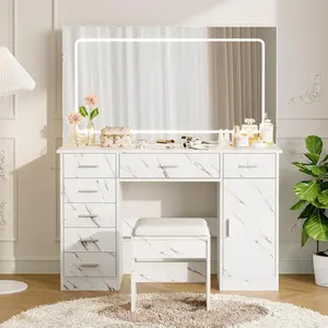 Gaomon LED Makeup Dressing Desk - Marble White Marbled Look MDF Wood Vanity Desk with 3 Adjustable Lighting Colors, Power Outlet, 7 Drawers, Cushioned Stool, Hairdryer Holder for Bedroom