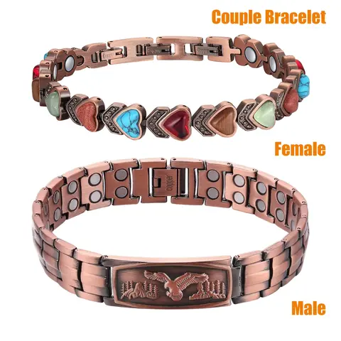 Adjustable Pure Copper Magnetic Couple Set Pair Bracelets - Male Eagle Motif, Female Heart Motif, Arthritis Pain Relief Jewelry, Birthday Gift for Couples, Yes, with Tool