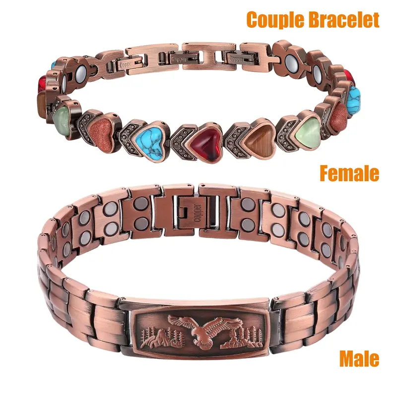 Adjustable Pure Copper Magnetic Couple Set Pair Bracelets - Male Eagle Motif, Female Heart Motif, Arthritis Pain Relief Jewelry, Birthday Gift for Couples, Yes, with Tool