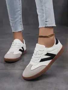 Stylish Women's White & Black Color-Block Trainer Classic Sneakers Walking Shoes - Soft, Lightweight Sole, Perfect for Daily Commutes & Casual Outings