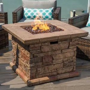 Outdoor Propane Fire Pit Table with Faux Brown Ledgestone, 32-inch Square Fire Table,Stainless Steel Burner, Free Lava Rocks, Fits 20lb Tank Inside