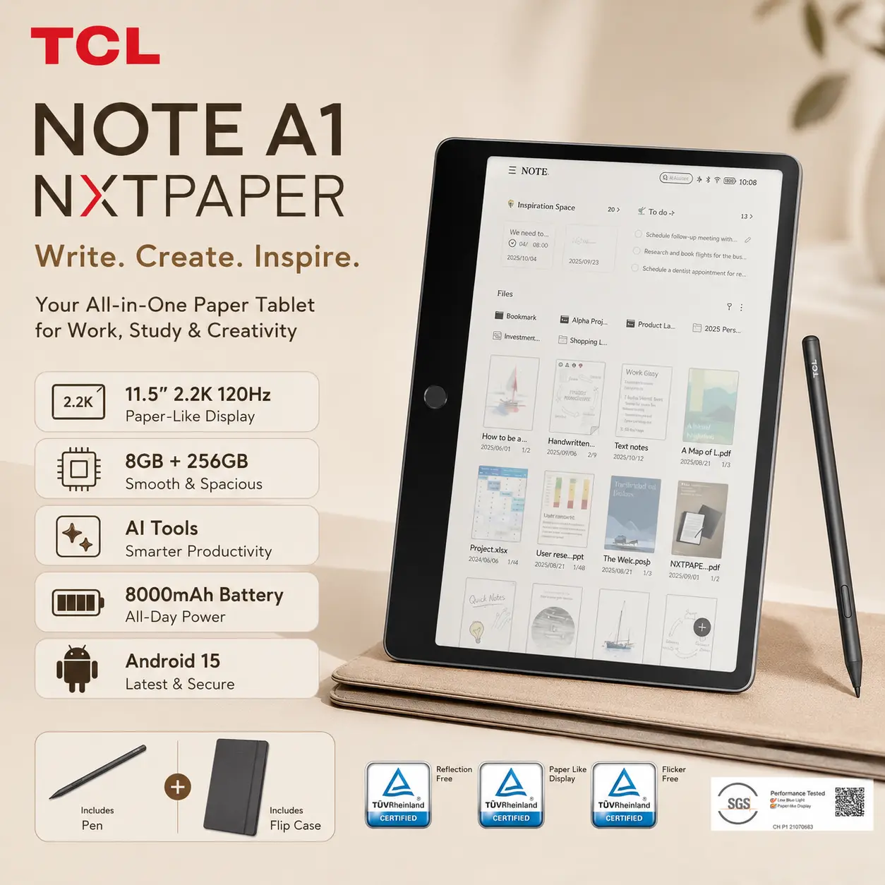 TCL Note A1 NXTPAPER Paper Tablet, Digital Notebook with Pen & Flip Case, 11.5” 2.2K 120Hz Paper-Like Display, 8GB+256GB, AI Tools, 8000mAh Battery, Android 15, Tablet for Work, Study & Creativity