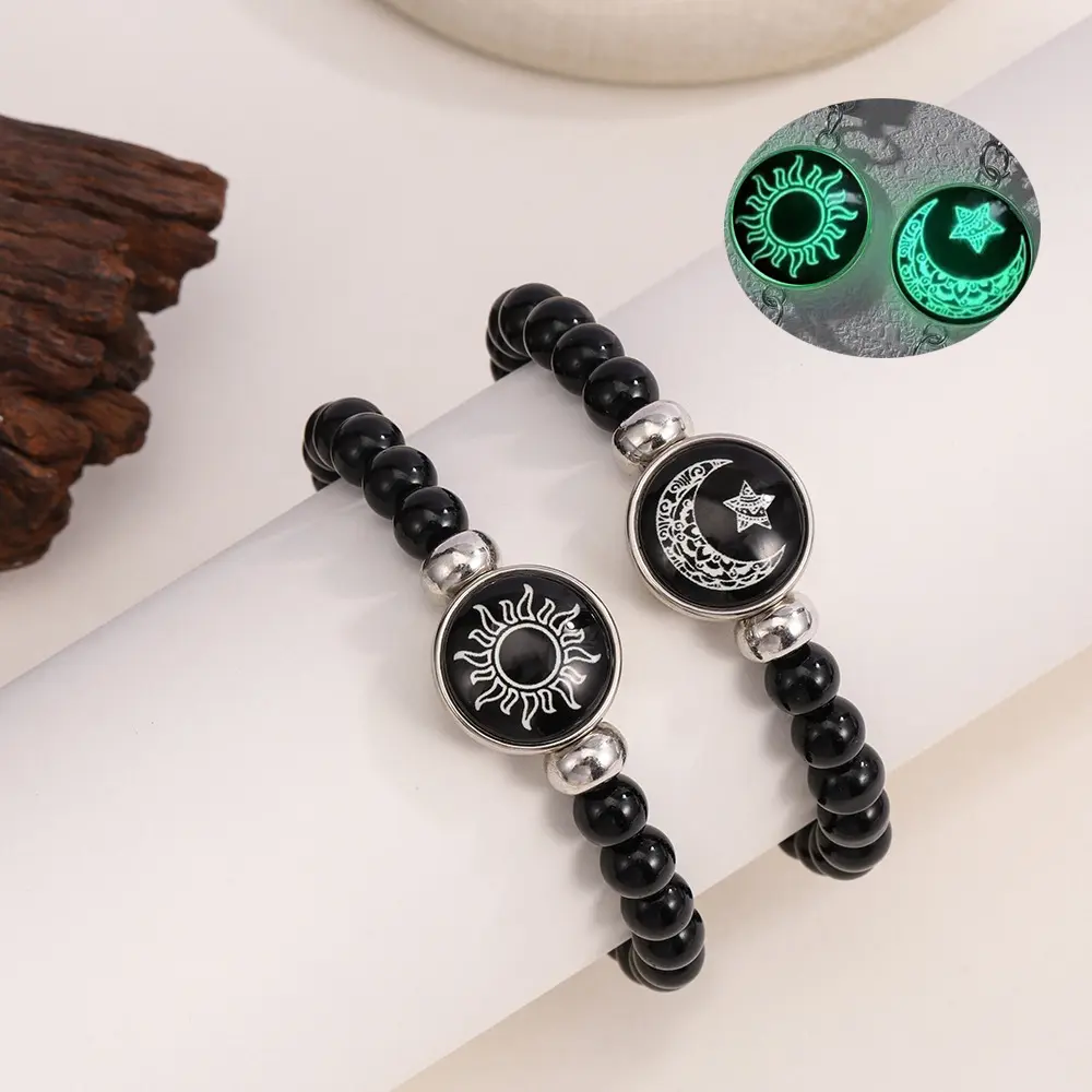 Adjustable Night Glow Moon Sun MatchingBracelets, Punk Style Woven Leather CouplesJewelry,Unisex Casual Accessories,Witchy Jewelry