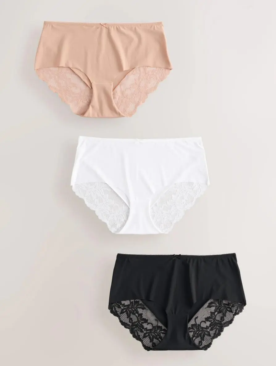 Black/White/Praline Nude Midi Lace Back No VPL Invisible Knickers 3 Pack