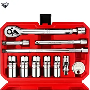 12Pcs Spark Plug Socket Set, 3/8" Drive Ratchet Handle, Mirror Polished Sockets, Spark Plug Gapper, Universal Joint & Extension Bar, Rubber Retaining Ring Design, Automotive Spark Plug Removal Repair Tool Kit