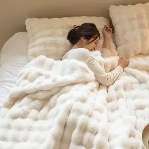 Tuscan Blanket  Faux Rex Rabbit Fur, Bubble Velvet, Double-Sided Plush and Thick Blanket for Office Naps and as a Sofa Throw