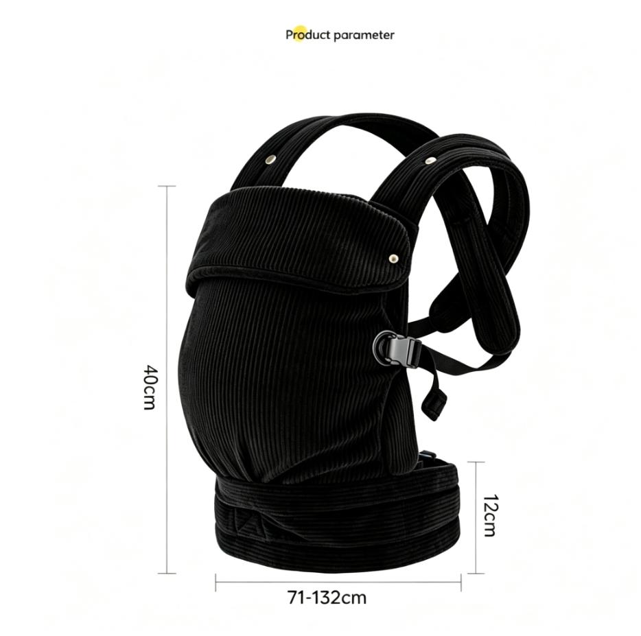 Ergonomic black corduroy baby carrier, lightweight & hands-free design. Fits infants & toddlers 7–44 lbs (3–20kg). Great for outdoor strolls, travel trips, ideal baby shower gift for new parents.