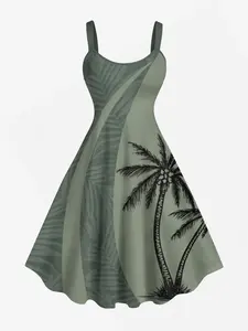 Rosegal Plus Size Full Moon Coconut Tree Ombre Print Backless Hawaii Tank Dress
