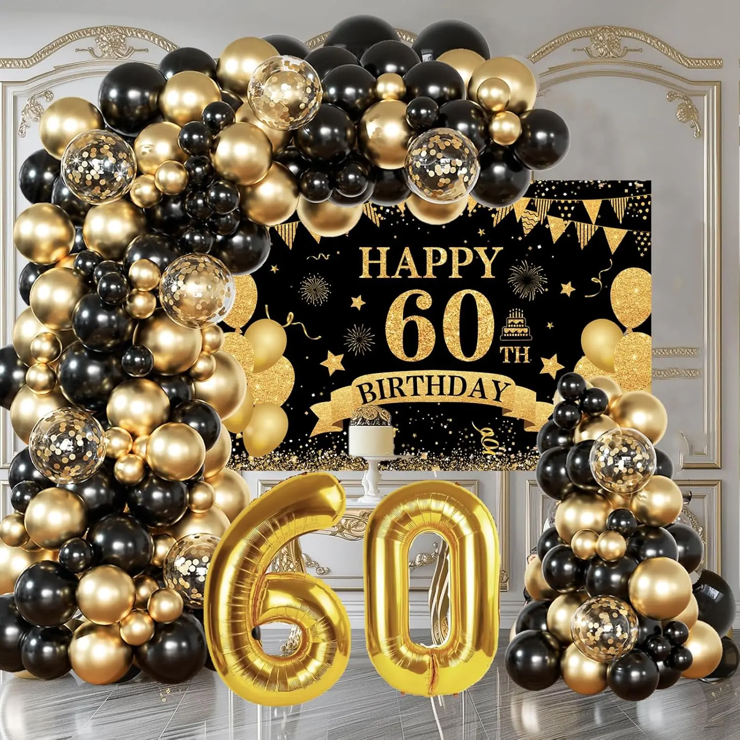 60th Birthday Decoration Kit Black & Gold Happy 60th Banner & Balloon Arch for Men & Women