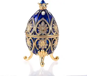 Fabergé Egg Style Enameled Jewelry Box - Classic Ornamental Metal Trinket Box for Home Decor
