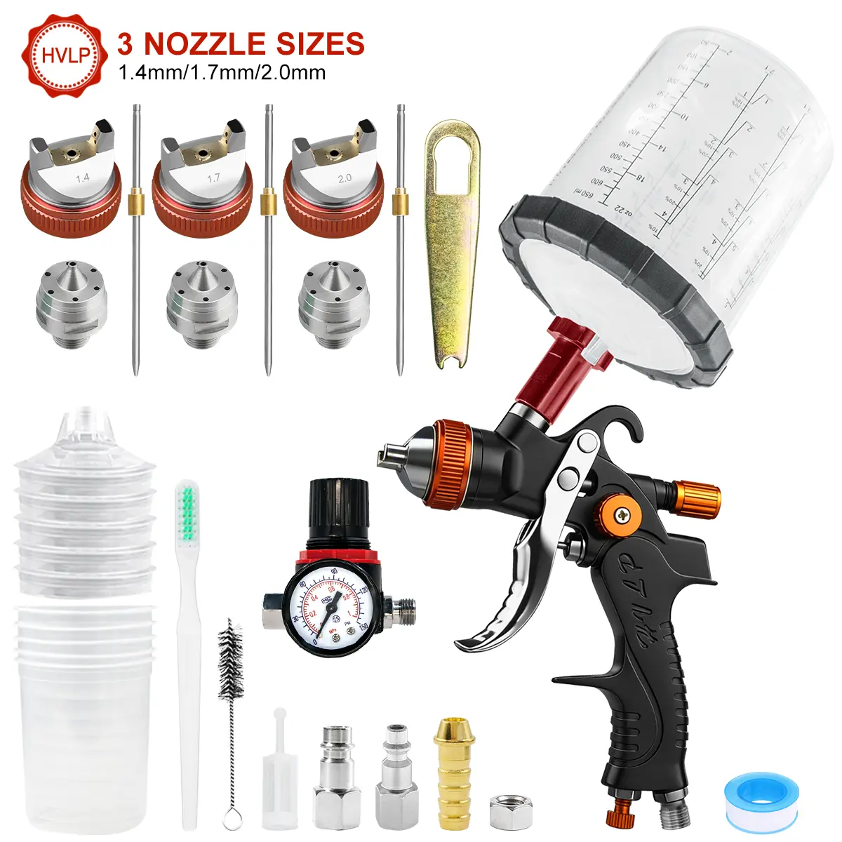 HVLP Professional Automotive Paint Spray Gun Kit with 1.4/1.7/2.0mm Nozzles, Air Pressure Regulator, Disposable Mixing Cups, Complete Accessories Set for Auto Refinishing Wall Industrial Spraying
