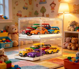 Vtopmart Mini Car Building Blocks Display Case Storage Organizer and Baseball Cap Holder  , Clear Stackable Storage Box with Sliding Tray, Magnetic Door Dust-Proof Rack for Hats, Toy Models & Small Collectibles,Gift Ideal