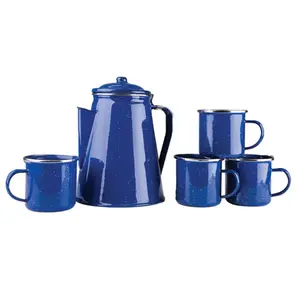 Enamel 8 Cup Coffee Pot with Percolator and 4 12 Ounce Mugs Blue Coffee & Tea Serving Set