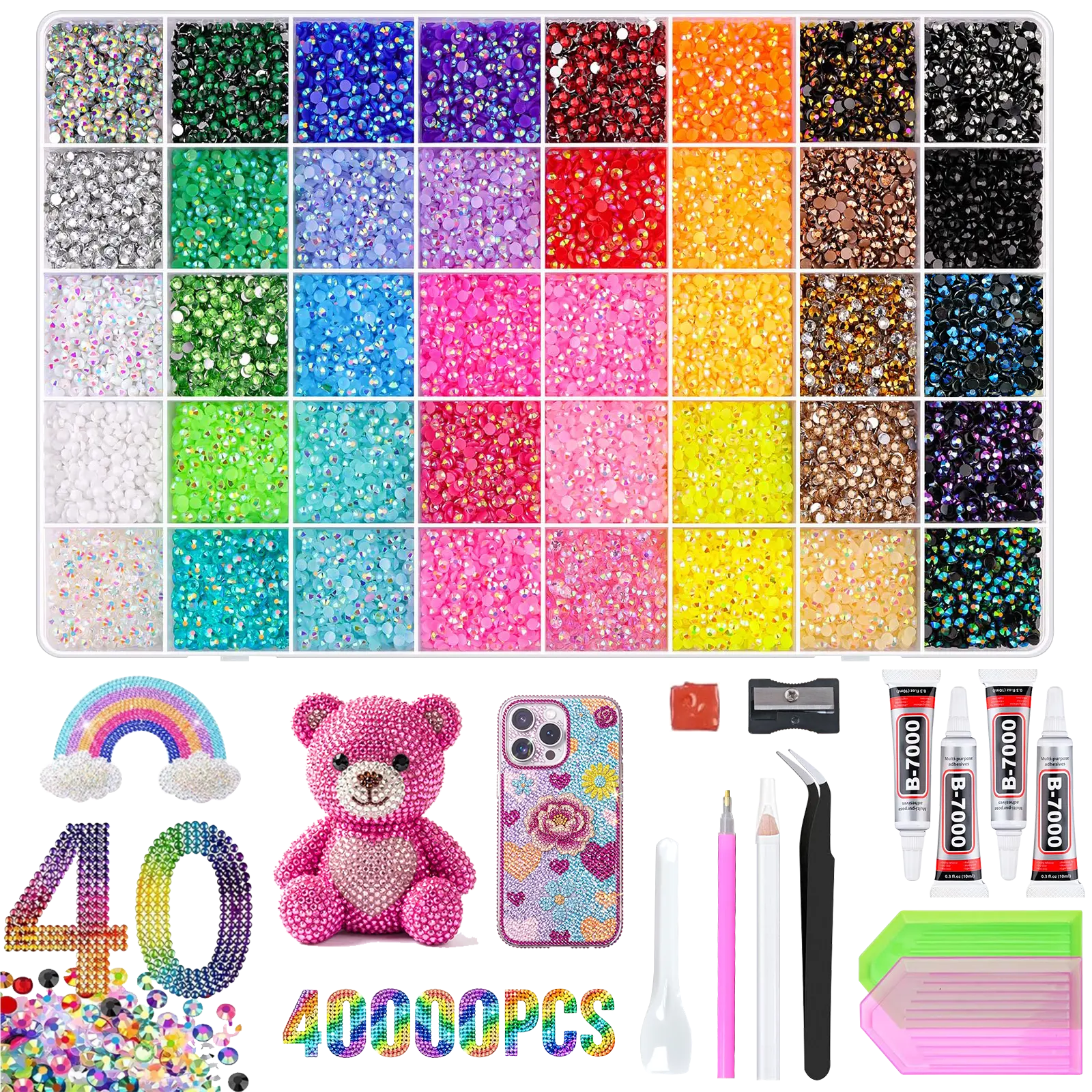 40000 Pcs Jelly Rhinestones for Bedazzling, 3mm Flatback Gems Bedazzler Kit with 4Pcs B7000 Jewelry and Tools, Multicolor Craft Jewels for DIY