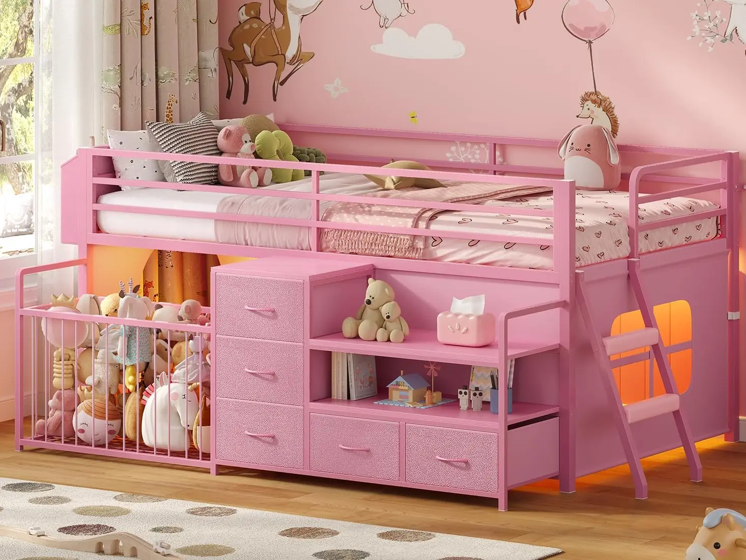 Twin Size Low Loft Bed with 5 Drawers, Bookcase, LED Lights and Stuffed Animal Organizer, Metal Loft Bed with 13" H Safety Guardrail, Inclined Ladder, Under-Bed Play Space,Pink campingessentials