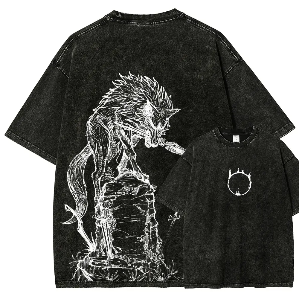 Dark Souls,Great Grey Wolf Sif Dark Souls Darksign Sketch Graphic Vintage Washed 100% Cotton T-Shirt, Retro Grunge Heavyweight Distressed Streetwear Oversized Fit Short Sleeve Crewneck Top, Classic Action RPG Gamer Apparel for Men and Women