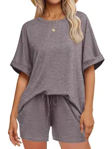 Aswulk Plus Size Womens 2 Piece Lounge Sets Oversized Short T-shirts Rolled cuffs Drawstring Shorts Pajamas Summer Outfits