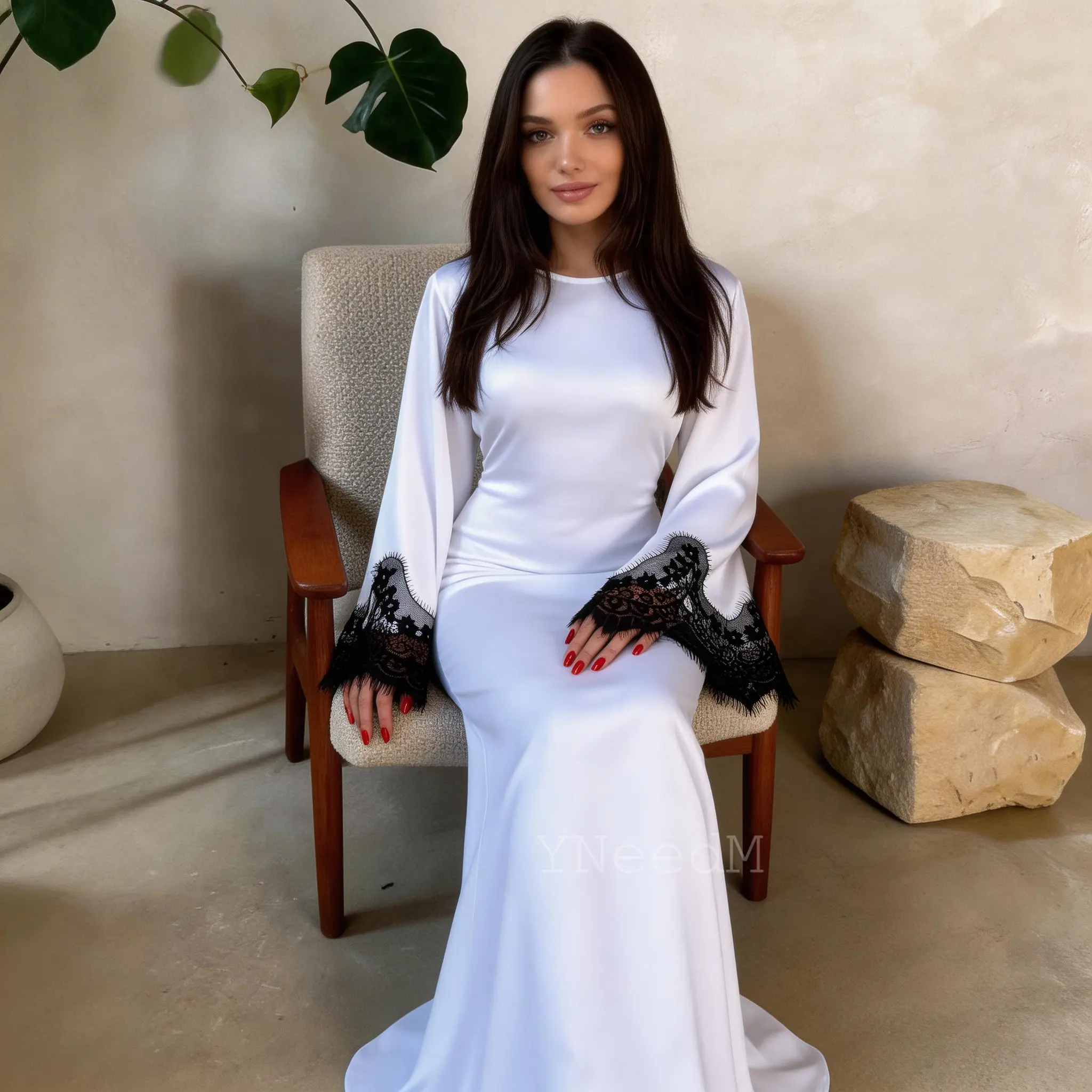Women's Formal Gown, Elegant Long Sleeve Smooth Satin Maxi Dress with Modest Lace Trim and Tie-Back for Weddings & Bridal Showers, Comfortable, Lady