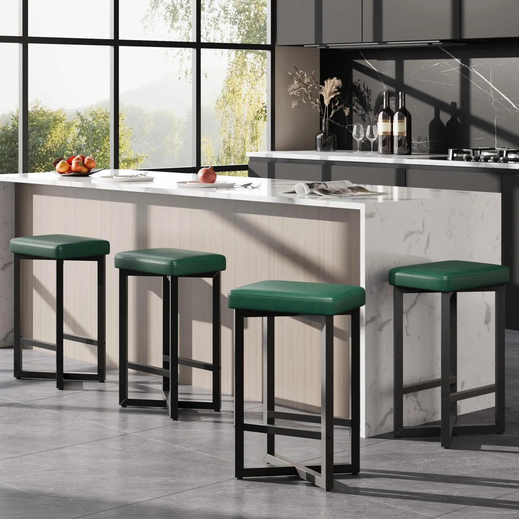 Garvee Set of 4 Counter Height Bar Stools, 24.6" PU Leather Backless Bar Stools with Metal Frame & Footrest for Kitchen Home Bar, Brown