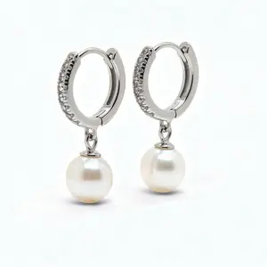 Hanging Pearl Hoops Sterling Silver 925