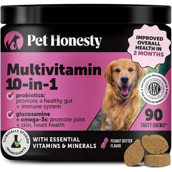 10-in-1 Dog Multivitamin Chews with Glucosamine & Probiotics, Hip & Joint, Digestive, Immune, Heart & Skin Support Daily Supplement with Omega-3, Peanut Butter Flavor, 90 ct