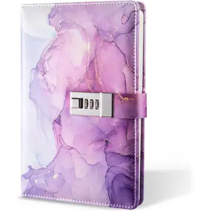 Diary with Lock, A5 Lockable Journal, PU Leather Combination Lock Diary, Lock Diary Planner Organizer for Men and Women, Office Product 8.6 x 5.9 in- Purple